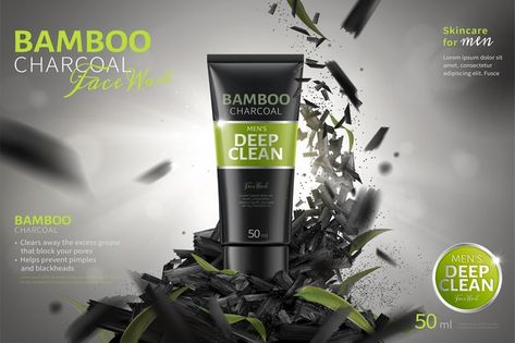 Bamboo charcoal face wash ads with crush... | Premium Vector #Freepik #vector Face Wash Ads, Photoshop Poster Design, Face Wash For Men, Charcoal Face Wash, Mens Face Wash, Silver Spray, Charcoal Teeth Whitening, Marketing Poster, Pink Cosmetics