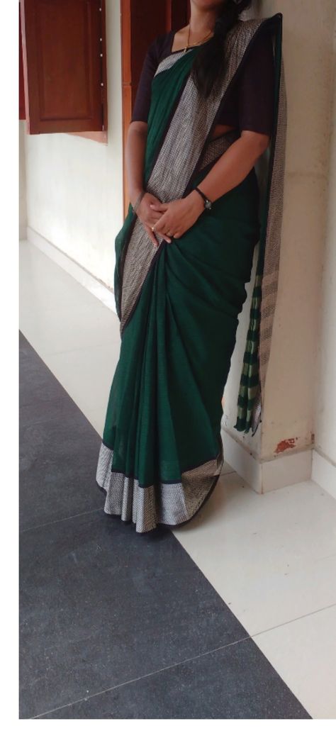 #Formal saree #dark green Dark Green Saree, Formal Saree, Grey Saree, Cotton Silk Saree, Green And Silver, Green Saree, Green Cotton, Cotton Saree, Cotton Silk