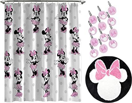 Minnie Mouse Bathroom Decor, Minnie Mouse Bathroom, Cherry Bathroom, Bathroom Sets Shower Curtains, Disney Bathroom, Shower Curtain Rod, Bath Time Fun, Shower Curtain Rods, Shower Curtain Hooks