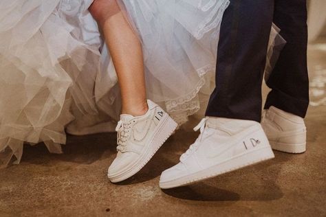 Wedding Dress With Air Force Ones, Bride With Sneakers, Wedding Air Forces, Wedding Dress With Sneakers, After Party Wedding Dress, After Party Wedding, Sneakers Wedding, Wedding Shoes Sneakers, Shoes For Bride