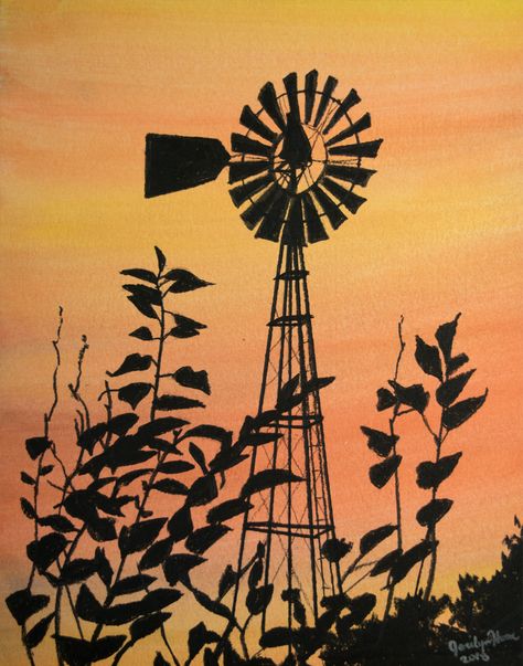 Windmill Silhouette, Agriculture Art, Farm Mural, Midwest Art, Farm Windmill, Windmill Art, Tractor Art, Landscape Pencil Drawings, Art Assignments