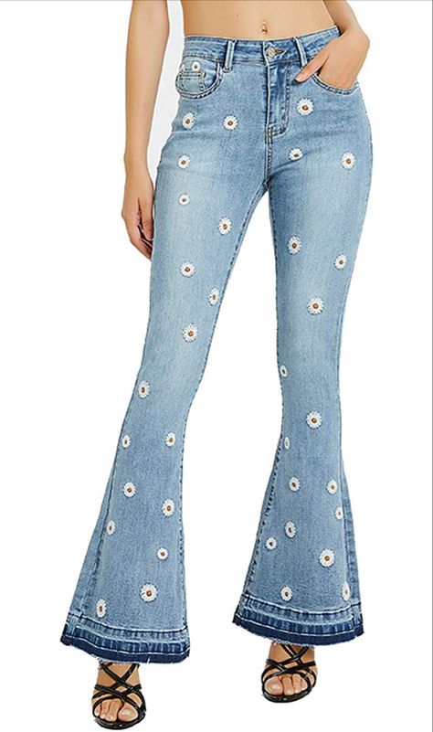 Mid Rise Bell Bottom Flare Frayed Hem Jeans at Amazon Women's Jeans store Cottagecore Aesthetic Daisy Flower Embroidery, Mid Rise Flare Jeans, Retro Daisy, Frayed Hem Jeans, Awesome Blouse, Flare Denim Jeans, Comfortable Jeans, Jeans Fabric, Frayed Denim