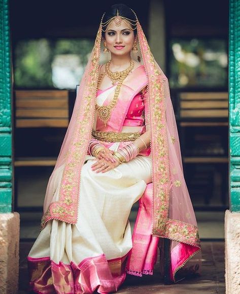 18.Baby Pink Border Silksaree Wedding Dress Code, South Indian Wedding Saree, Bridal Sarees South Indian, Telugu Wedding, Telugu Brides, Wedding Saree Indian, Bridal Silk Saree, Indian Bridal Makeup, Bridal Blouse Designs