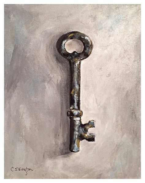 "Fine Art Giclee Print of my original painting 'Metal Key\".  8\" x 10\" Fine Art Print Printed on Fine Art paper in high quality archival inks with a smooth matte finish.  (Original Medium: acrylic on canvas. The original has sold, however, commissions are always available!)  My Giclee prints are printed in America with only top quality materials. All print material meet and exceed the standards set forth by the Fine Art Trade Guild for pH and lightfastness. FREE SHIPPING on all USPS, UPS, and Old Key Drawing, Key Painting Ideas, Skeleton Key Art, Keys Artwork, Key Artwork, Key Painting, Key Reference, Key Drawing, Doodle Techniques