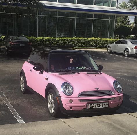 Pink Mini Cooper Convertible, Pink Mini Cooper, Rebecca Aesthetic, Pink Mini Coopers, Mini Cooper Interior, 2007 Mini Cooper, Car Vibes, Birthday Boards, Travel Songs