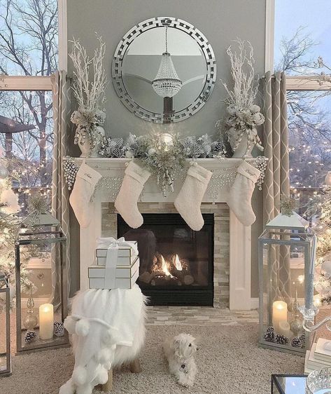 Christmas Decor. White Silver. Christmas Fireplace Decorations, Fireplace Decorations, Glam Christmas, Christmas Fireplace Decor, Aesthetic Cozy, Christmas Mantel Decorations, Christmas Mantle, White Christmas Decor, Christmas Fireplace