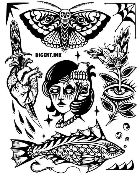 Idea For Tattoo, Traditional Heart Tattoos, Traditional Black Tattoo, Traditional Tattoo Flowers, Traditional Tattoo Sleeve, Clever Tattoos, Alien Tattoo, Flash Tattoo Designs, Tattoo Flash Sheet