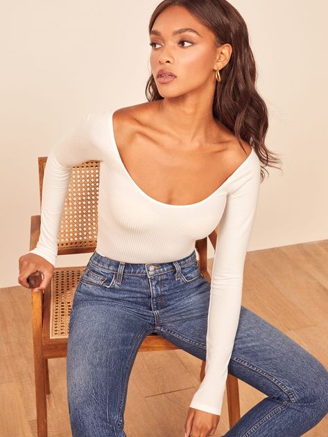 Ribbed Bodysuit, Faux Leather Pants, Basic Outfits, Cheap Clothes, Long Sleeve Bodysuit, Who What Wear, White Long Sleeve, Scoop Neckline, Farmer