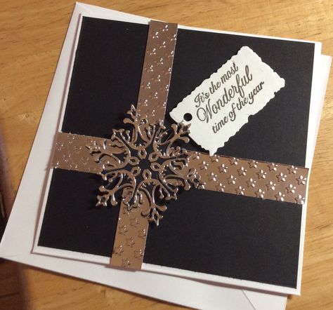 https://flic.kr/p/2jACFoU | Elegant Christmas card | This is a six inch card. Black backing paper, two strips of bright silver to simulate a beribboned present.....a large snowflake cut in black for the under layer and silver for the top layer. The sentiment is stamped in Tuxedo black and heat embossed with clear powder......the snowflake and the sentiment are attached with dimensional tape. This is an elegant card. I have written a special verse to go inside. Black Christmas Cards Handmade, Pvc Crafts, Black Christmas Cards, Card Sketches Templates, Black White Christmas, Scrapping Ideas, Stamping Cards, Red White Christmas, Tuxedo Black