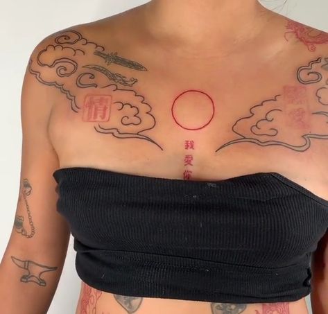 @sema.tattoo chinese clouds and sun for @yyinyyangg Chinese Sun Tattoo, Chinese Chest Tattoo, Chinese Cloud Tattoo, Chinese Clouds Tattoo, Chinese Clouds, Tattoo Chinese, Clouds Tattoo, Artsy Tattoos, Collarbone Tattoo