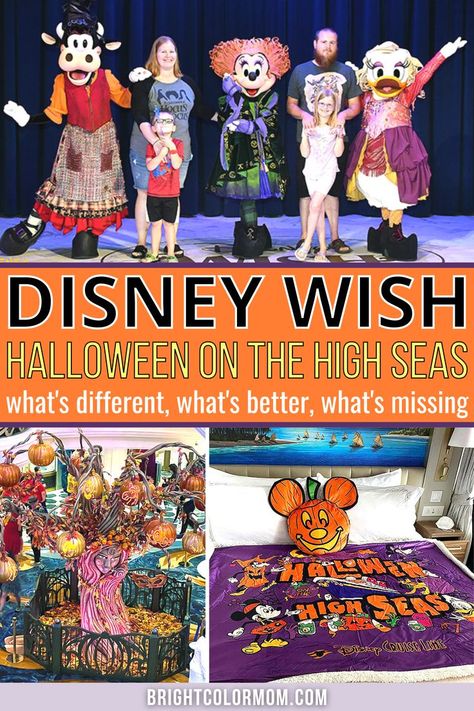 a collage of photos featuring Halloween features on the Disney Wish with text reading "Disney Wish Halloween on the High Seas: what's different, what's better, what's missing" Halloween On The High Seas, Disney Halloween Cruise, Sea Costume, Cruise Activities, Disney Cruise Vacation, Disney Wish, Disney Ships, Disney Cruise Tips, Disney High