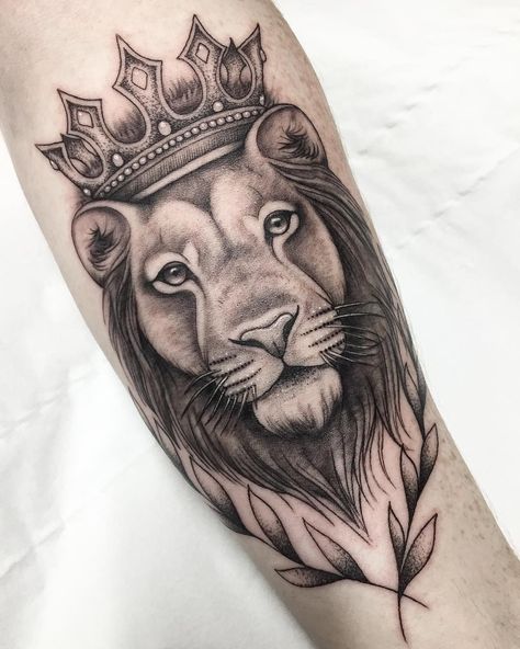 Lion Calf Tattoo, Lion Tattoo With Crown Female, Crown Lion Tattoo, Lion With Crown And Flowers Tattoo, Lion Head Dress Tattoo, Crowned Lion Tattoo, Lion Wearing Crown Tattoo, Lion Tattoo Sleeves, Lion Head Tattoos