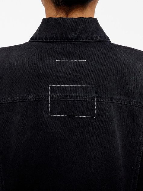 Find MAISON MARGIELA Denim Jacket on Editorialist. ripped-detailing denim jacket from MM6 Maison Margiela featuring black, cotton, ripped detailing, signature single-stitch logo, classic collar, front button fastening, two button-fastening chest pockets, two side welt pockets and straight hem. This piece fits true to size. We recommend you get your regular size Model is 1,75m / 5ft 8in wearing size 40 (IT) Denim Jacket Photography, Menswear Details, Stitch Logo, Jackets Black, Latest Fashion Design, Crossbody Tote Bag, Black Denim Jacket, Leather Cap, Mens Gloves