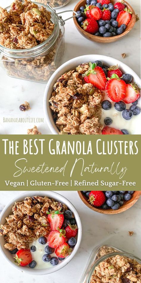 These healthy granola clusters are the BEST EVER! Soft and chewy with lots of crunchy nuts and seeds! Perfect for breakfast or to snack on! This clustery granola is gluten free, vegan and refined sugar free. Healthy Granola Clusters, Granola Clusters Recipe, Vegan Granola Recipe, Sugar Free Granola, Tea Treats, Homemade Granola Healthy, Granola Recipe Healthy, Granola Clusters, Gluten Free Cereal