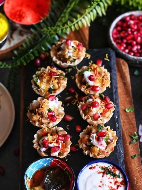 Mediterranean Chaat Tarts | Naturally Nidhi Chickpea Chili, Tahini Paste, Yogurt Dip, Chaat Recipe, Chaat Masala, Honey Lime, Red Chili Powder, Pomegranate Seeds, Green Chile