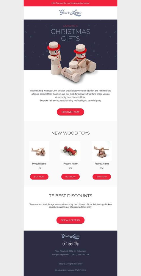 Customize this email design template with your content and send it to your mailing list for free! BEE is the easiest and quickest way to design elegant, mobile responsive emails, starting from scratch or from our 520+ ready-to-use templates.  Try our BEE editor for free at the link above. (No signup required) #emaildesign #emailtemplate #christmas Designed by Hector Titus Ruiz Professional Email Templates, Christmas Email, Html Email Templates, Ad Inspiration, Amazing Christmas Gifts, Bee Free, Email Template Design, Responsive Email, Holiday Campaign