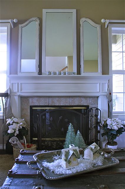 Dresser Mirror Repurposed, Old Mirror Ideas, Repurpose Mirror, Cottage Christmas Decorating, Mirror Redo, Mirror Over Fireplace, Mirror Repurpose, Door Projects, Mantle Ideas