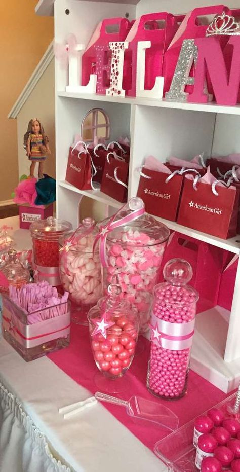 American Girl Birthday Party Ideas | Photo 10 of 10 Girl Birthday Party Ideas, Mean Girls Party, American Girl Birthday Party, American Girl Birthday, American Girl Parties, American Girl Diy, Girl Sleepover, Girls Tea Party, Candy Station