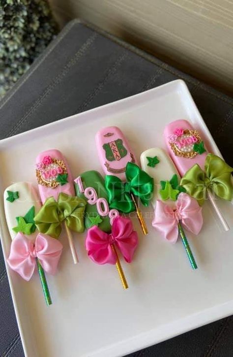 Aka Party, Aka Apparel, Graduation Candy Buffet, Cake Popsicles, Sorority Party, Greek Cookies, Cake Pop Designs, Themed Treats, Pearl Jewelry Shop