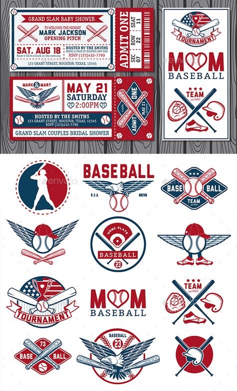 Set of Vintage Baseball Tickets Baseball Graphic Design, Baseball Tickets, Baseball Baby Shower Invitations, Baseball Designs, Sport Vector, Basketball Tickets, Baseball Wedding, Baseball Ticket, Sports Badge