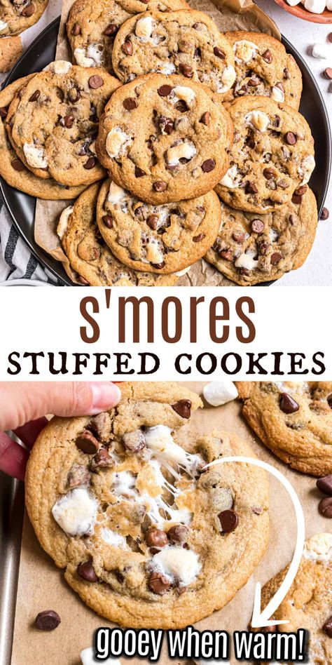 Bring the campfire dessert indoors with this S'mores Cookies recipe! Chocolate chip cookies are flecked with graham cracker crumbs and filled with a melty marshmallow center. Everything you love about S'mores--without the mess! Smore Bars, Smore Cookies, Recipe Desert, Fall Cookie Recipes, Campfire Desserts, S Mores Cookies, Marshmallow Cookies, Homemade Chocolate Chips, Homemade Chocolate Chip Cookies