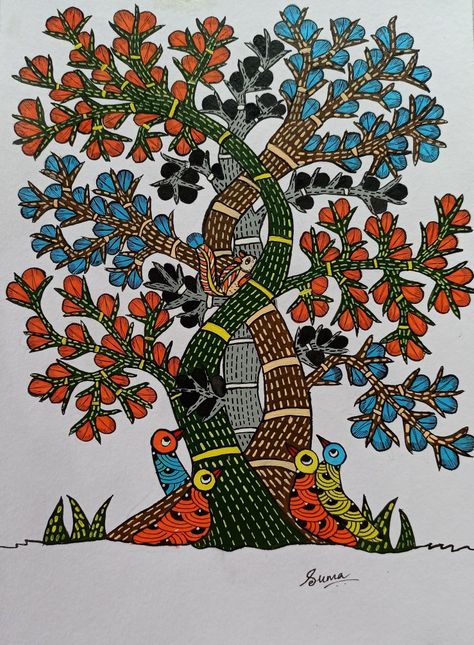 #gondpainting #tribalart #indianart #treeoflife Pen Rendering, Madhubani Patterns, Bapu Bommalu, Madhubani Motifs, Souvenir Bags, Kalam Kari, Art Forms Of India, Gond Art, Gond Painting