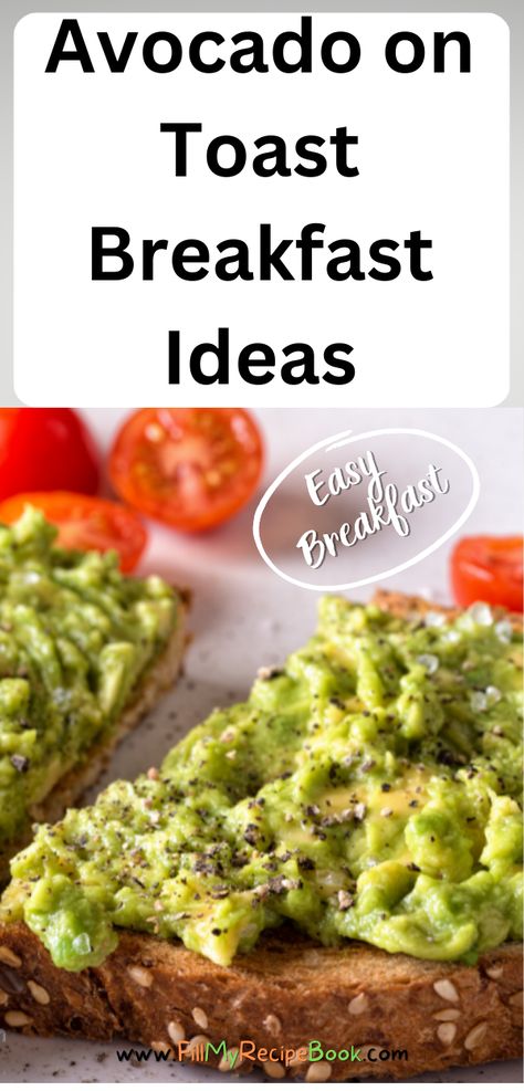 Avocado on Toast Breakfast Ideas. Easy Recipes for a simple healthy plain breakfast with whole wheat toast, mashed or cut avocado and spices. Avocado Egg Toast Recipe, Breakfast Ideas Easy Recipes, Toast Breakfast Ideas, Avocado Toast Ideas, Cut Avocado, Avocado Breakfast Sandwich, Breakfast Ideas Easy, Toast Recipe Breakfast, Avocado On Toast