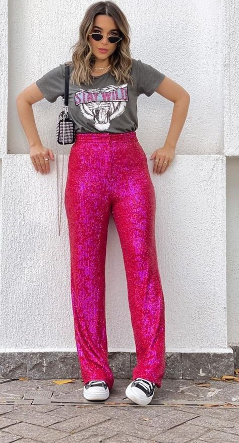 Sequin Pant Outfit Ideas, Sequin Pink Pants Outfit, Pink Sequin Pants Outfit, Sequin Pants With Graphic Tee, Pink Sequined Bottoms For Night Out, Concert Outfit Sequin, Pink Sequined Pants For Party Season, Rbd Outfits Ideas Concert 2023, Sequin Pants Outfit Casual