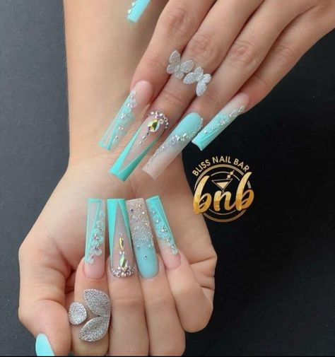 Teal And Pink Nails Acrylic, Aqua Acrylic Nails Turquoise, Teal Prom Nails Acrylic, Aqua Square Nails, Tiffany Green Nails, Mint Blue Nails Acrylic, Aqua Prom Nails, Teal Long Nails, Aquamarine Acrylic Nails