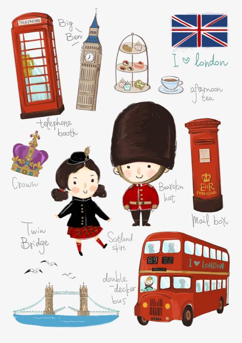 British Flag Clothes, Cartoon Elements, British Party, London Drawing, Food Logo Design Inspiration, London Illustration, London Theme, Images Cartoon, Logo Design Set