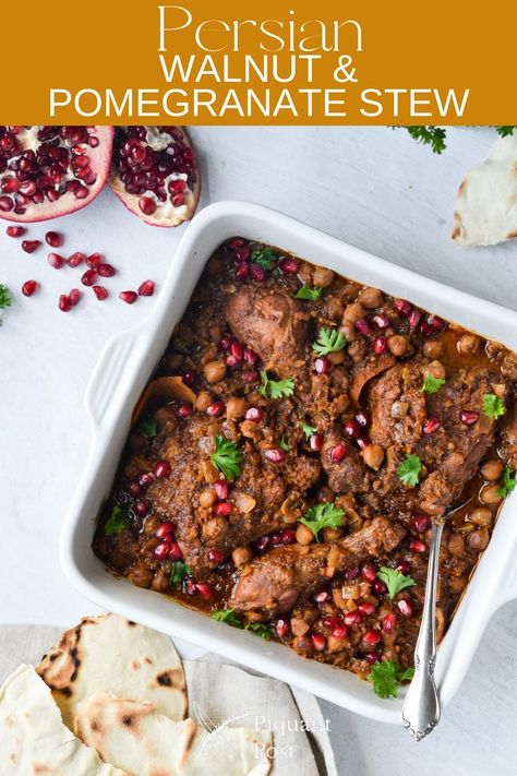 This Persian Walnut & Pomegranate Stew recipe (Fensenjan or Fesenjoon in Farsi) fits the bill, is easy to make, and transforms your weeknight chicken dish into an exotic spread that will make… More Walnut Chicken, Weeknight Chicken, Unique Ingredients, Walnut Recipes, Fish Taco, Pomegranate Molasses, Chicken Dish, Stew Recipe, Winter Recipes