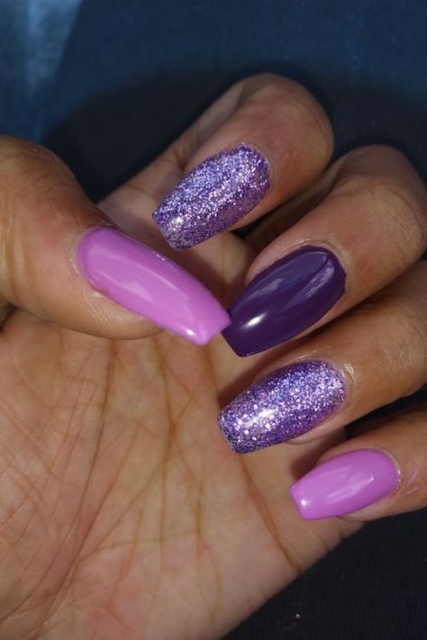 25 Purple Nail Design Ideas You'll Love To Try This Season Pink And Purple Sparkle Nails, Purple February Nails, Pink And Lilac Nails, Different Shades Of Purple Nails, Purple Nails Designs Short, Dark Purple Nails With Glitter, Purple Sns Nails, Purple And Grey Nails, January Birthday Nails