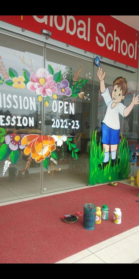 Glass Door Decoration For School, Admission Open Board Decoration, School Reception Decoration Ideas, School Reception Area, Welcome Board Decoration Ideas School, Diy Educational Toys For Toddlers, Sports Day Decoration, School Reference, Soft Board Decoration