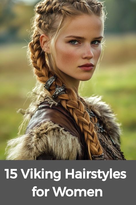 Discover a variety of Viking hairstyles for women that blend practicality with style. Short hair can be elevated with simple braids or twists for a touch of Viking inspiration. If you have medium or shoulder-length hair, explore braided half-updos or loose waves paired with delicate braids - ideal for formal events like weddings. These effortless styles not only pay tribute to Viking heritage but also seamlessly fit modern fashion aesthetics. Experiment with these bold and distinctive looks to s Braid With Rings In Them, Half Braid Short Hair, Wedding Hairstyles Viking Braids, Divergent Hairstyles, Nordic Women Hairstyles, Formal Viking Hairstyles, Thick Hair Braided Hairstyles, Viking Hairstyles Women Wedding, Fairy Tale Hairstyles