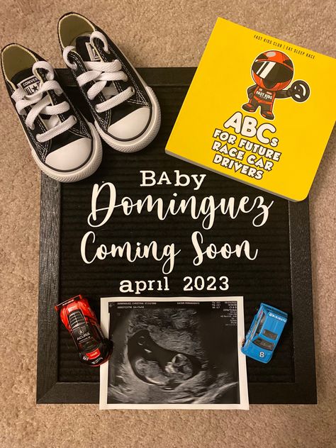 Racing Pregnancy Announcement, Car Baby Announcement, Racing Baby Announcement, Announcement Pictures, Racing Baby, Classy Baby Shower, Baby Announcement Pictures, Announcement Photos, Toddler Converse