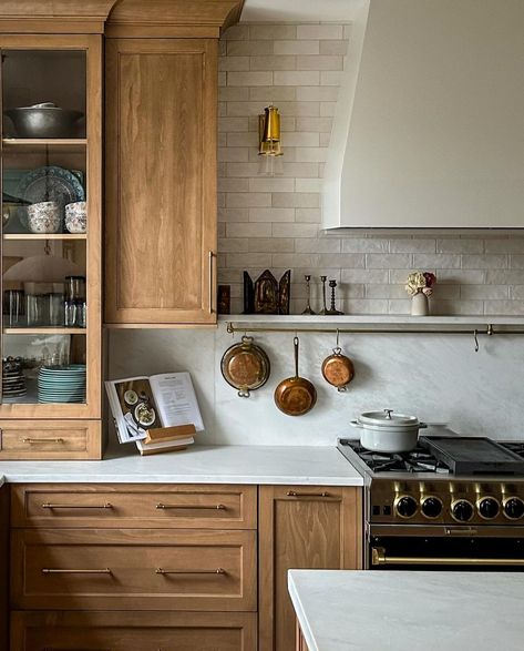 Liz Mearns Interior Designer (@lizmearns) • Instagram photos and videos Terracotta Tile Floors, Rustic Floors, Pot Rail, Countertops And Backsplash, European Kitchen Design, Range Wall, Marble Counters, Terracotta Tile, Honed Marble