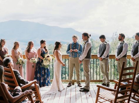 Charming Mountain Wedding at the Gatlinburg Mansion Gatlinburg Cabin Wedding, Adirondack Porch, Cake With Matching Cupcakes, Gatlinburg Wedding, Gatlinburg Weddings, Winter Wedding Venues, Smoky Mountain Wedding, Porch Chairs, Madison Wedding