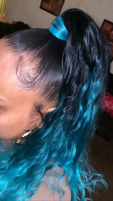 Blue hair, high ponytail, black hairstyles, weave hair, Black Hairstyles Weave, Ponytail Black Hairstyles, Hair High Ponytail, Baby Shower Makeup, Blue Ponytail, Hairstyles Weave, Shower Makeup, Black Hair Updo Hairstyles, Asia Argento