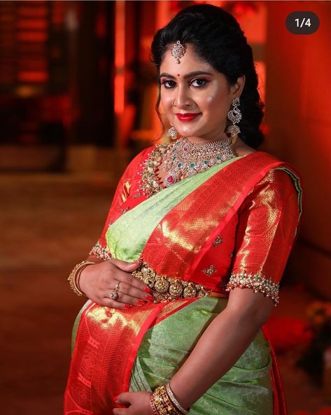 Sreemantam Photoshoot, Sreemantham Saree Ideas, Seemantham Makeup Look, Seemantham Look, Latest Poola Jada Designs, Baby Shower Makeup Indian, Seemantham Blouse Designs, Srimantham Sarees, Seemantha Decoration