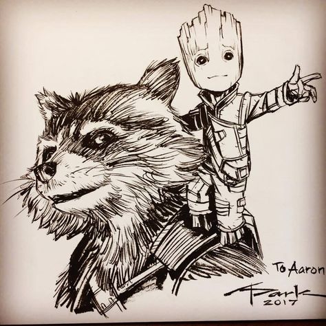 Groot Rocket Tattoo, Rocket Raccoon Art Sketch, Rocket Marvel Drawing, We Are Groot Tattoo, Rocket The Raccoon Drawing, Groot And Rocket Drawing, Rocket Guardians Of The Galaxy Drawing, Marvel Rocket Tattoo, Rocket Raccoon Sketch