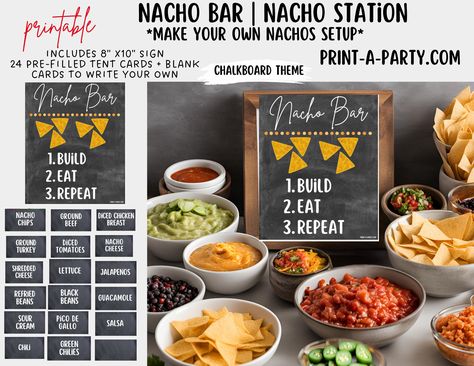 Transform your next event into an unforgettable experience with an irresistible Nacho Bar! Perfect for any occasion - from birthdays or events to Holidays like Cinco de Mayo or even Baby or Bridal Showers - this setup is both charming and practical! Complete with a printable Nacho sign, 24 pre-filled tent cards with delectable toppings, and blank ones for your creative touch. Get ready to indulge in a delicious and savory meal! Available in Chalkboard and White backgrounds. The Sign says: Nacho Diy Nacho Bar, Nacho Station, Nacho Bar Party, Party Food Bar, Nacho Bar, Nacho Chips, Bar Station, Turkey Cheese, Food Bar