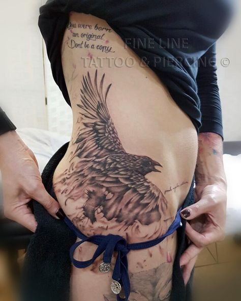 Photo by (finelinetattooandpiercing) on Instagram | #durban, #fineline, #finelinetattoo, #ink, #inked, #inkstagram, #girlswithink, #inkedup, #raven, #raventattoo, #southafrica, #southafricaink, #adtattooist, #hip, #hiptattoo, #ribs, #ribtattoo, #blackandgrey, #blackandgreytattoo Raven Tattoo Ribs, Raven Hip Tattoo, Raven Rib Tattoo, Tattoo Map, Tattoo Hip, Leopard Tattoos, Waist Tattoos, Hip Tattoos, Crow Tattoo