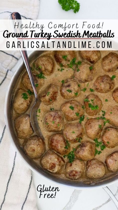 Turkey Swedish meatballs in creamy sauce are a quick, easy and healthy supper idea. Whip them up in just 30 minutes and feed the family in no time at all! And the best part? They're gluten free, low carb and keto friendly. I especially love making this comfort food meal during the winter months, but it can absolutely be enjoyed year round. Serve with rice, mashed potatoes, gluten free pasta and a roasted vegetable side dish! Swedish Meatballs Recipe Easy, Ground Turkey Swedish Meatballs, Meatballs Recipe Easy, Turkey Swedish Meatballs, Quick Easy Healthy Dinner, Supper Idea, Swedish Meatball Sauce, Easy Swedish Meatball Recipe, Gluten Free Turkey Meatballs