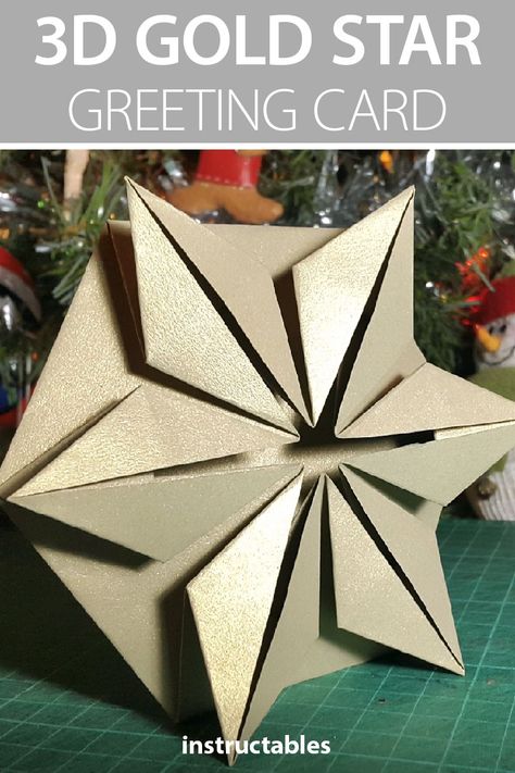 Make a 3D paper greeting card for this holiday season. Shaped like a six sided gold star, this gift also makes a great decoration.  #papercraft #origami #Christmas Christmas Origami Cards, Origami Christmas Cards, Origami Cards Diy, Origami Card, Origami Xmas, Six Sided Shape, Origami Christmas Star, Holiday Origami, Paper Snowflake Designs