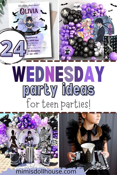 Dreadfully Perfect Ideas for a Wednesday themed party Want the perfect party idea for a teen? How about a haunting Halloween party theme? These Wednesday Addams party ideas are a great way to spook up your party plans! From black roses to black lace...these gothic party plans are sure to excite the teen girls in your life (and maybe the little ones too). #wednesdayparty #wednesdayaddams #wednesdaypartyideas #teenbirthday #halloween #nevermoreparty #nevermoreacadmey #nevermore Wednesday And Enid Birthday Party Theme, Wednesday Party Decorations, Wednesday Addams Birthday Party Games, Wednesday Birthday Party Decorations, Wendsday Birthday Party Ideas, Wednesday Themed Party, Wednesday Birthday Party Theme, Wednesday Theme Party, Wednesday Adams Birthday