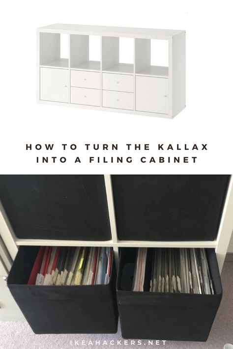 Turn the KALLAX shelving unit into a hanging file cabinet. Kallax Apothecary, Kallax Storage, Ikea Cubes, Diy File Cabinet, Hanging File Organizer, Kallax Shelving, Easy Diy Home Projects, Kallax Shelving Unit, Esthetics Room