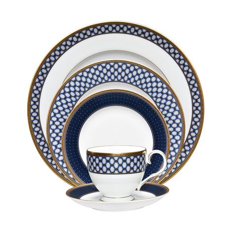 Blueshire is an elegan, design on bone china. Featuring a repeating mosaic of a simple diamond shape depicted vertically and horizontally, the three-dimensional design in shades of blue is paired with a gold band featuring raised interlocking T-bars. Blue And White Dinnerware, China Dinnerware Sets, Bone China Dinnerware, Blue White Decor, White Dinnerware, Simple Diamonds, Dinner Set, China Sets, China Patterns