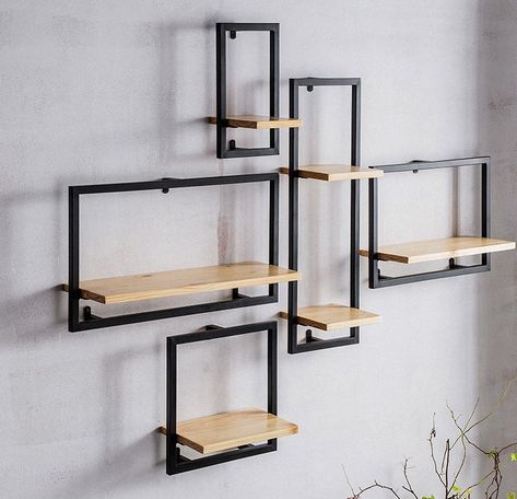 Metal And Wood Wall Shelves, Mobile Shop Design, Iron Furniture Design, Home Decor Shelves, Wooden Floating Shelves, Shelving Design, Metal Furniture Design, Book Shelf, Plant Decor Indoor