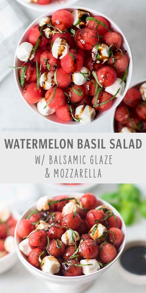 Watermelon Basil Salad with Mozzarella + Balsamic Glaze: a refreshingly delicious dish that's soooo easy to make & perfect for the summer! Watermelon And Mozzarella Salad, Light Refreshing Dinner, Day In The City Outfit Summer, Watermelon Mozzarella Salad, Easy Summer Dinner Party Menu Ideas, Mozzarella Salad Recipes, Salads With Mozzarella, Mozzarella Balsamic, Watermelon Basil Salad