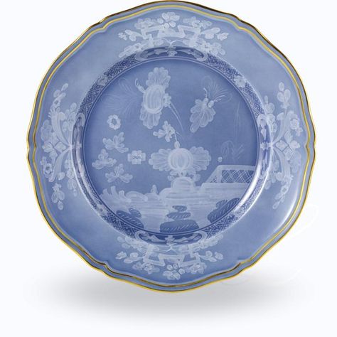 Richard Ginori Oriente Italiano Pervinca Gold dinnerware Studio Aesthetic, Gold Dinnerware, Richard Ginori, Soup Plating, Painting Edges, Contemporary Decor, Blue Backgrounds, Dinner Plates, Art Studio